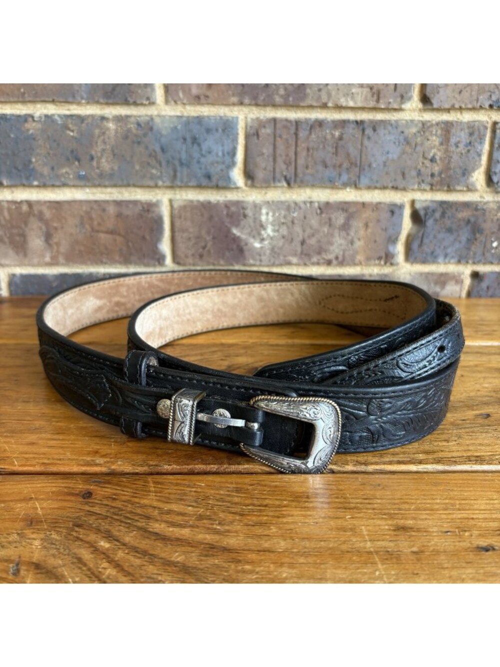 GINGERICH Handmade Tooled Leather Ranger Belt, Removable Buckle Men's 52 USA